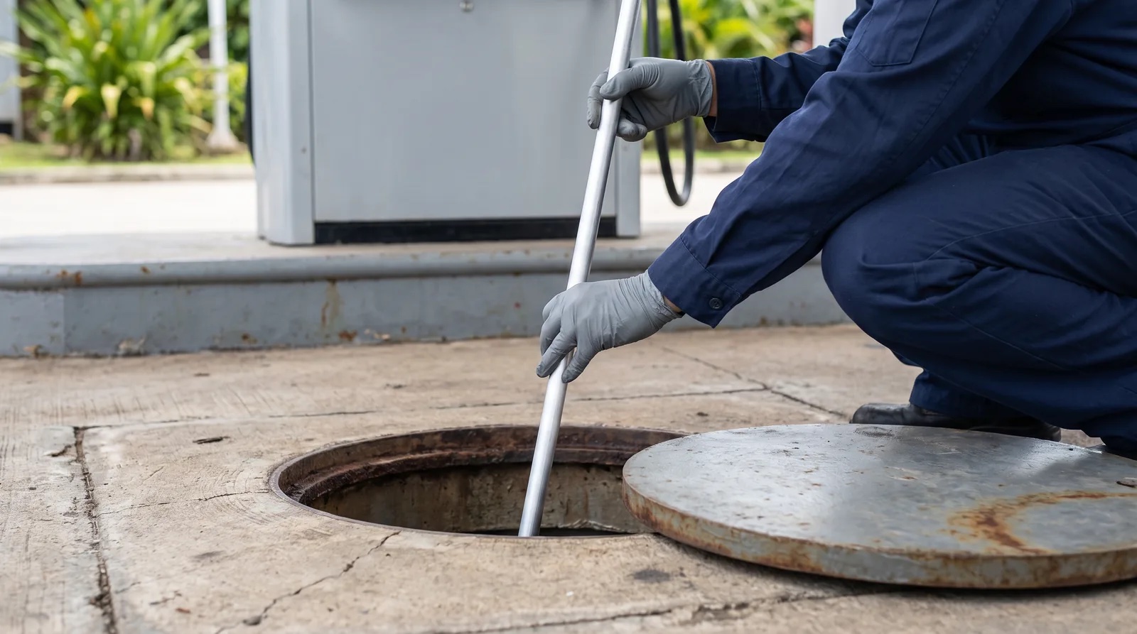 an engineer inspecting a fuel storage tank