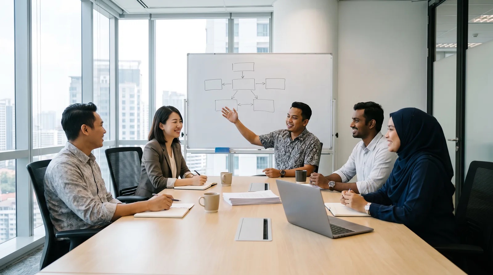 engineers working with office staff at a whiteboard