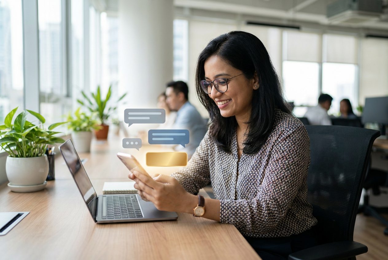 Illustrative: a staff member reviewing a release in a chat app before approving it