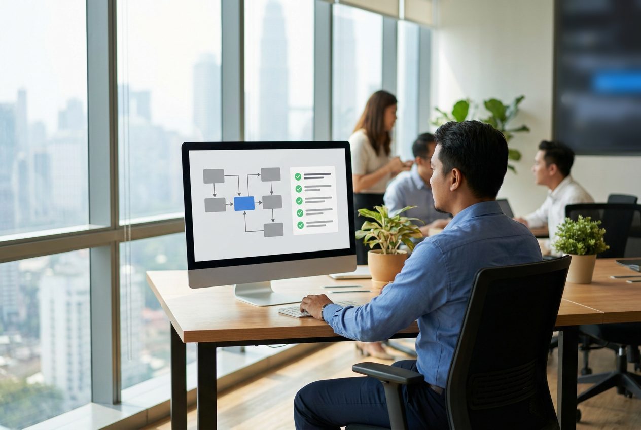 Illustrative: a team member reviewing automated test results on a screen