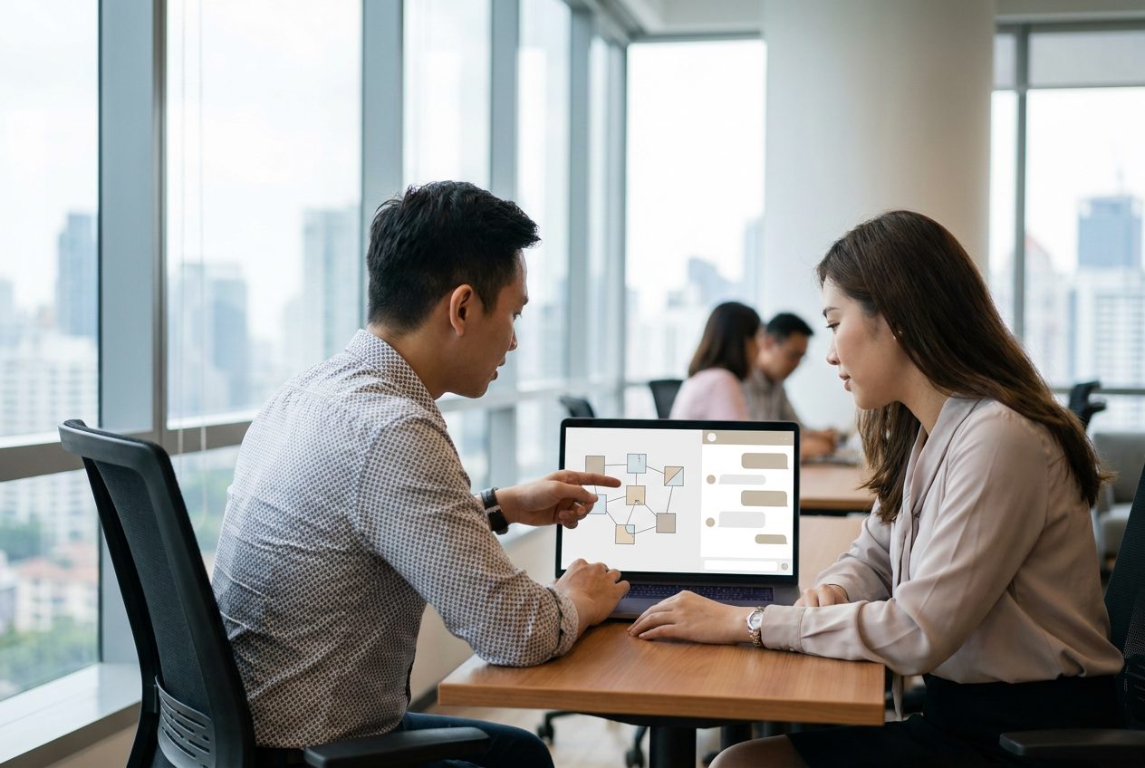 Illustrative: colleagues connecting their systems during onboarding