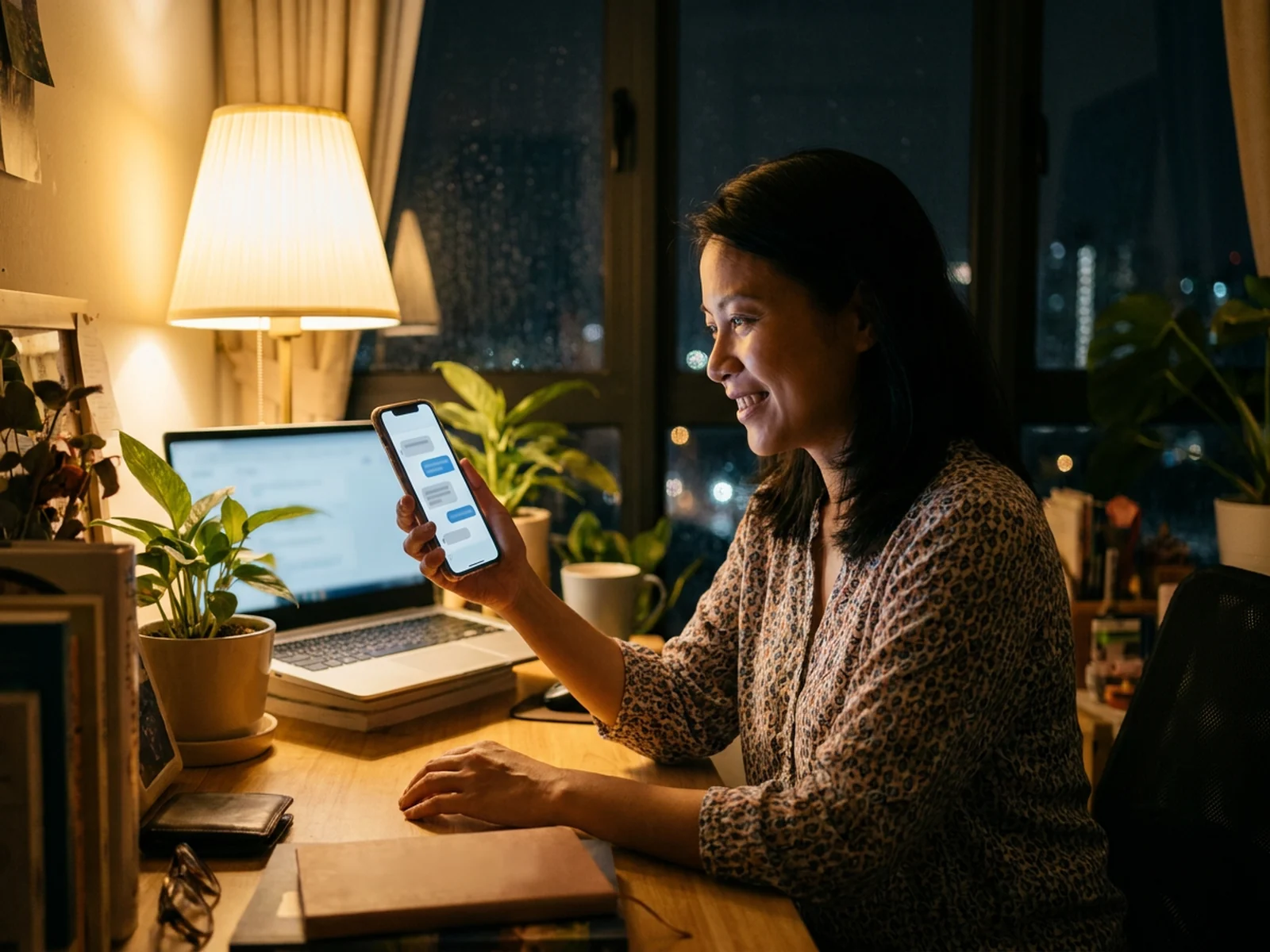 a small-business owner at night smiling at a phone that shows a chat