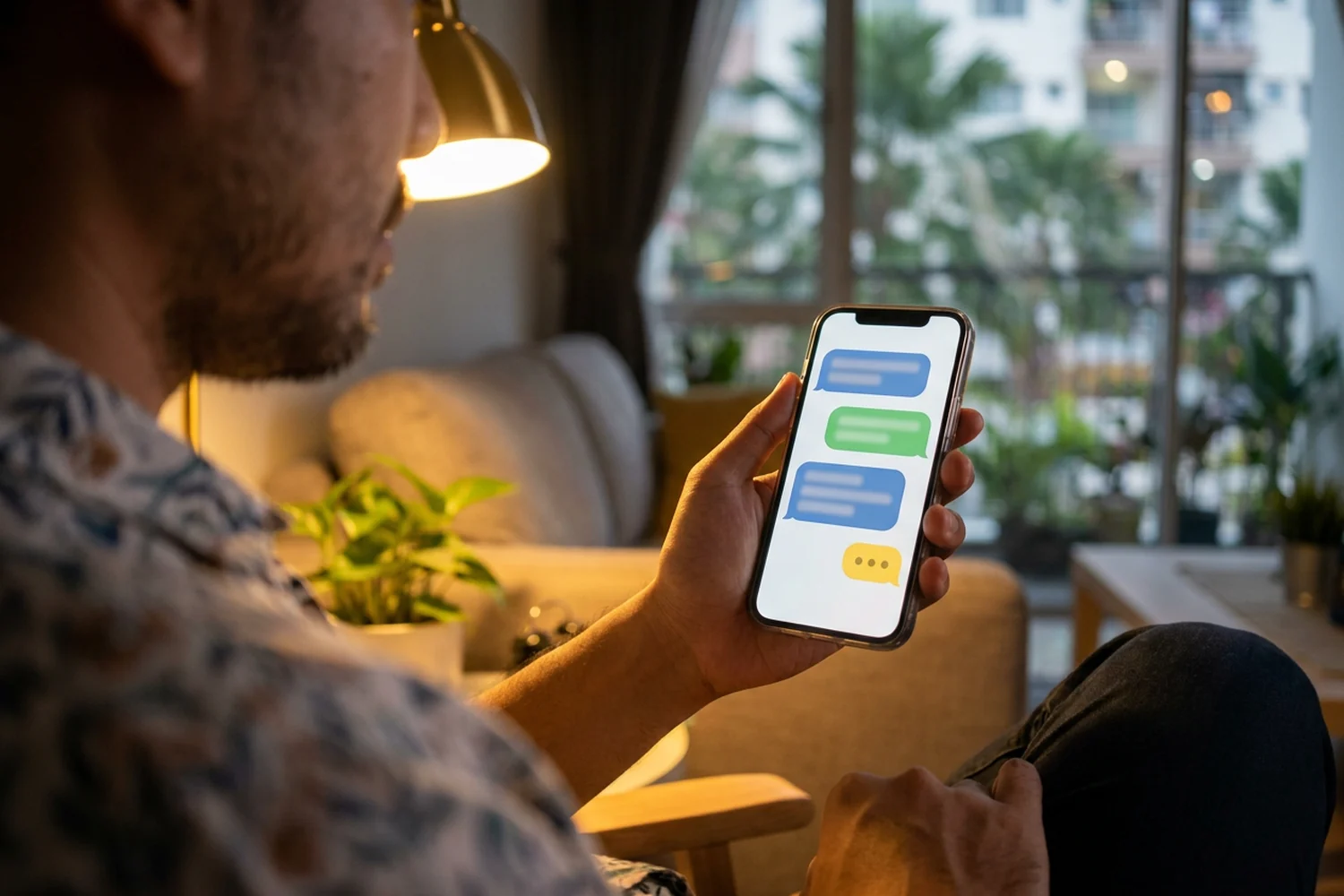 an owner reading a friendly reply on a phone in the evening