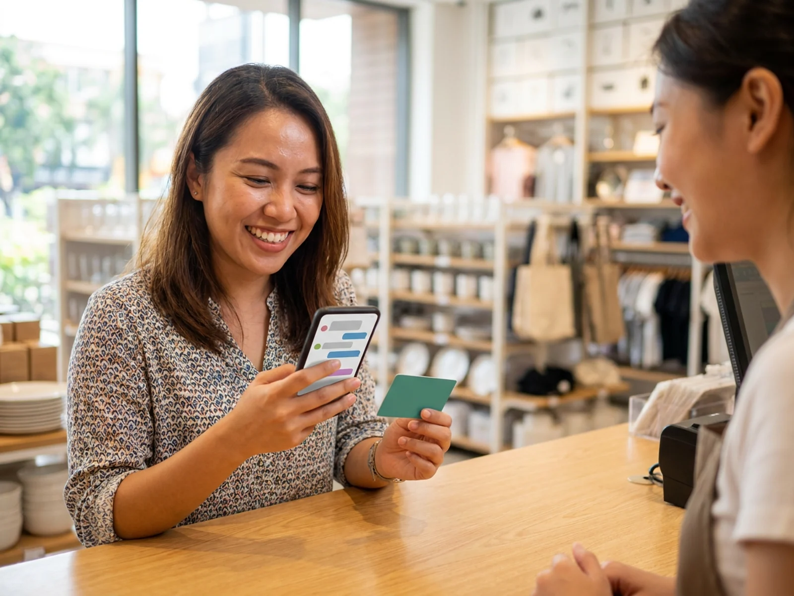 a shopper at a retail counter holding a member card while a phone shows a chat
