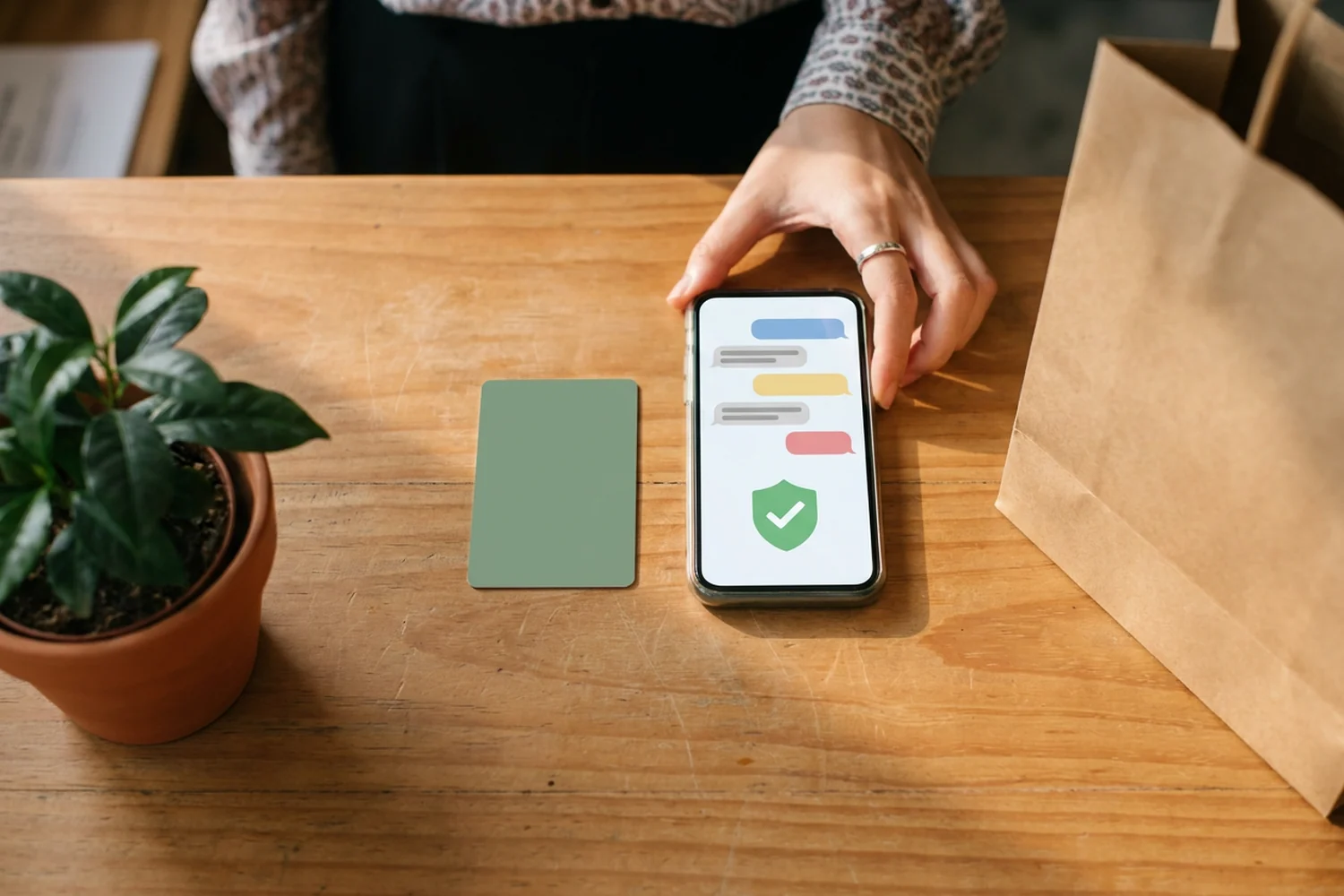 a member card and a phone chat on a retail counter