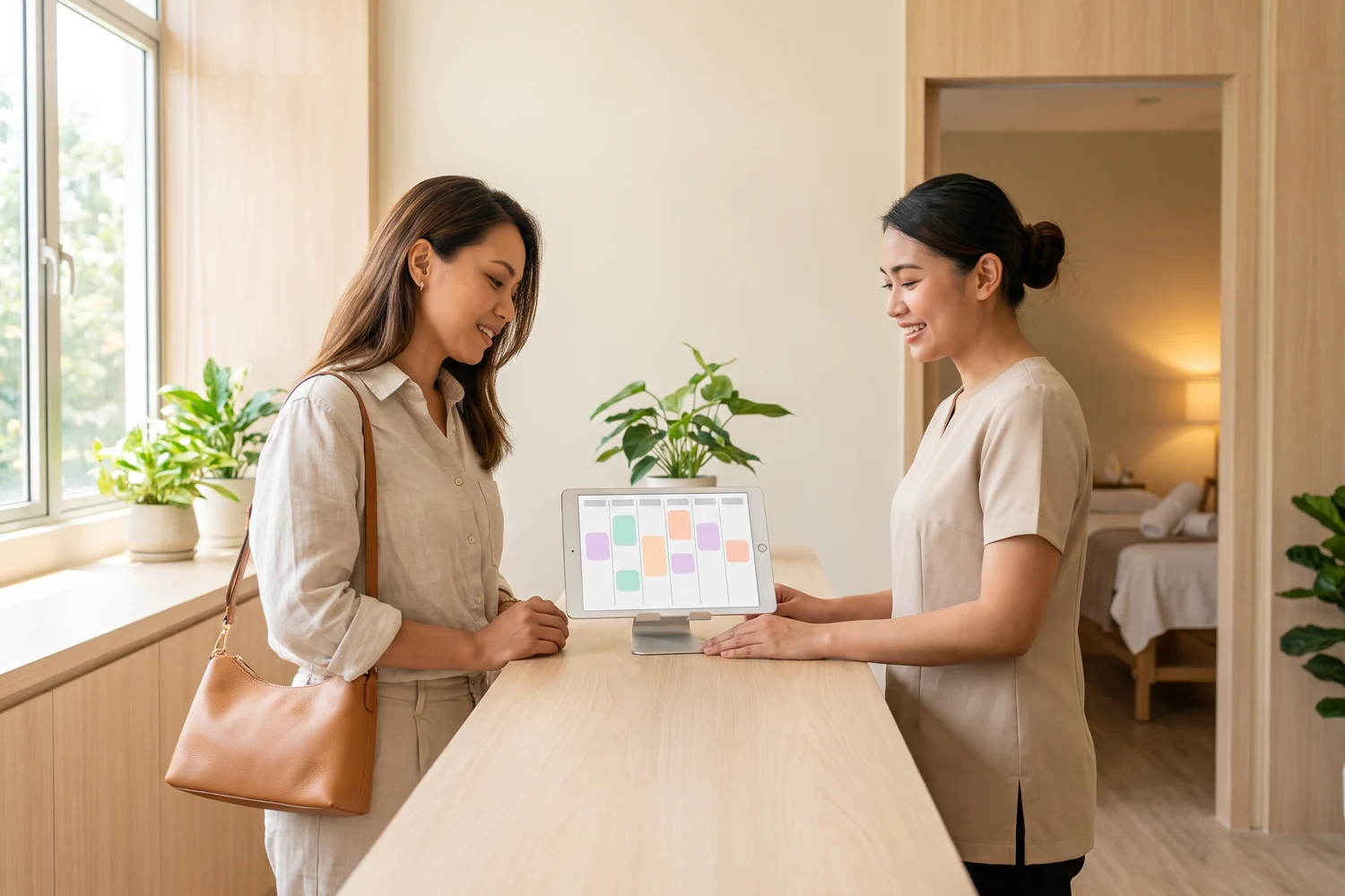 a receptionist and a walk-in customer at a salon counter, with a booking calendar on a tablet