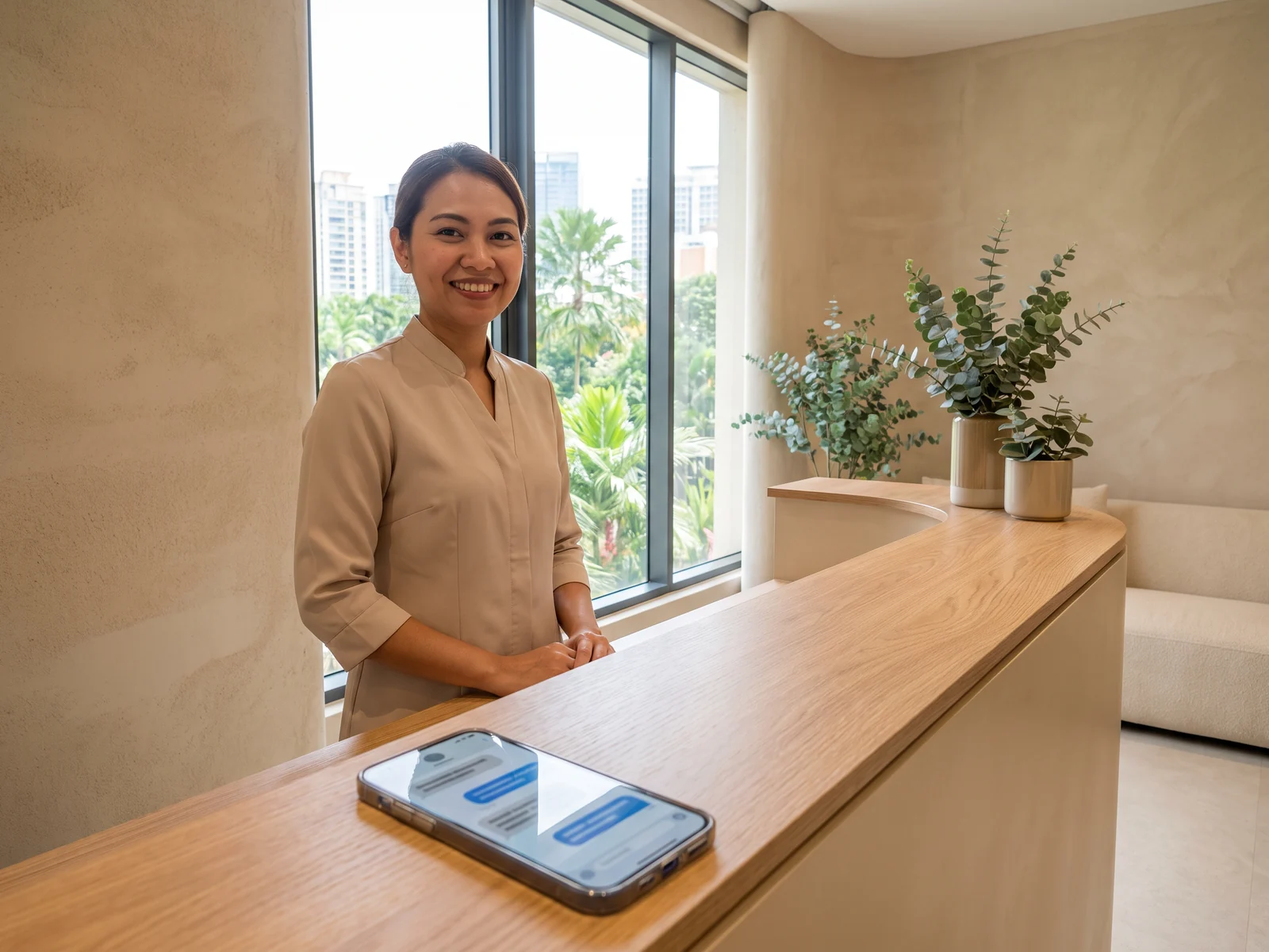 a facial salon reception with a phone showing a booking chat