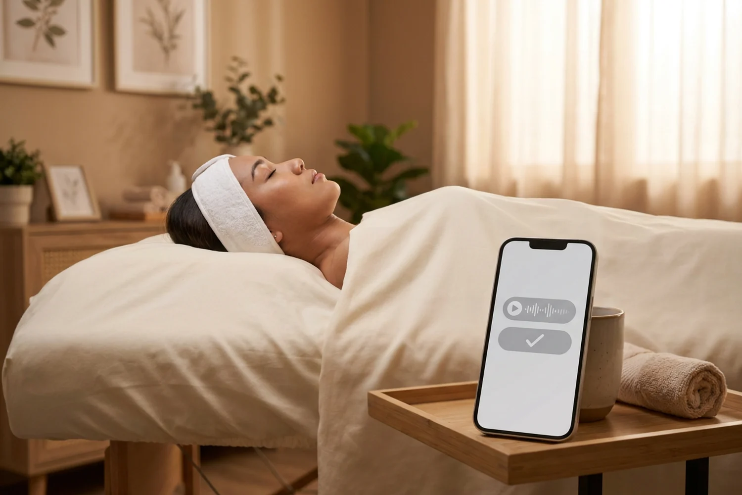 a client relaxing on a facial bed with her phone nearby