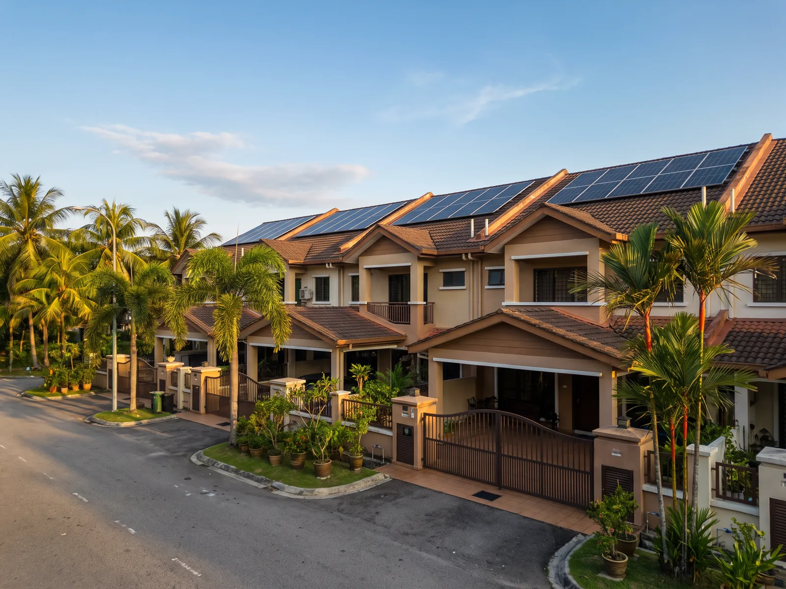 terrace houses with rooftop solar panels at golden hour