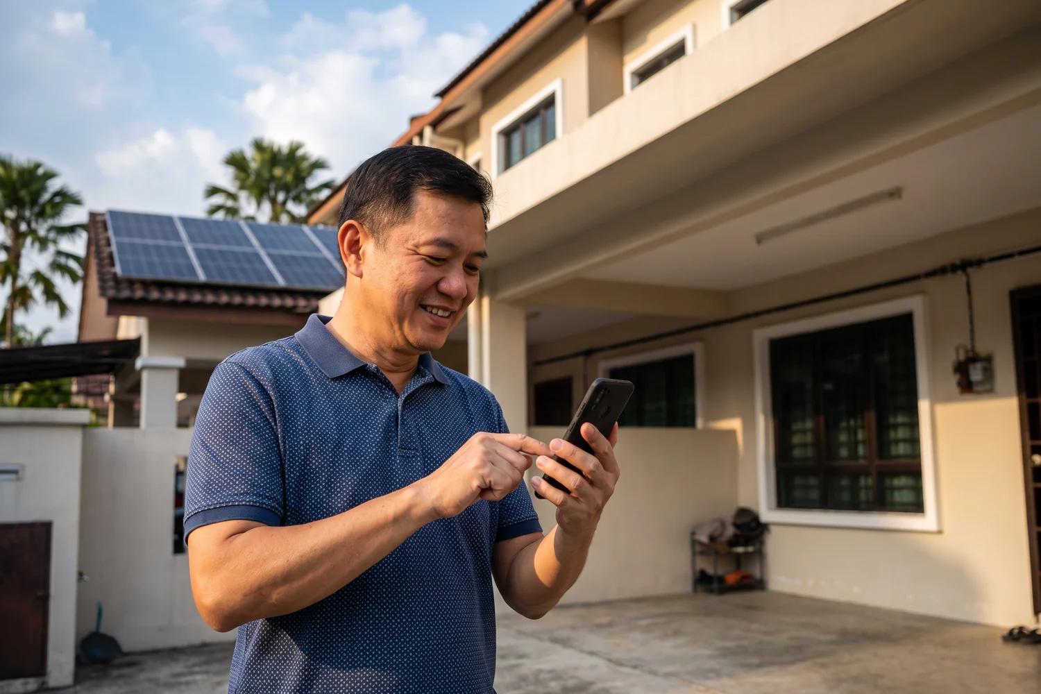 a homeowner on the phone outside a terrace house, with rooftop solar nearby